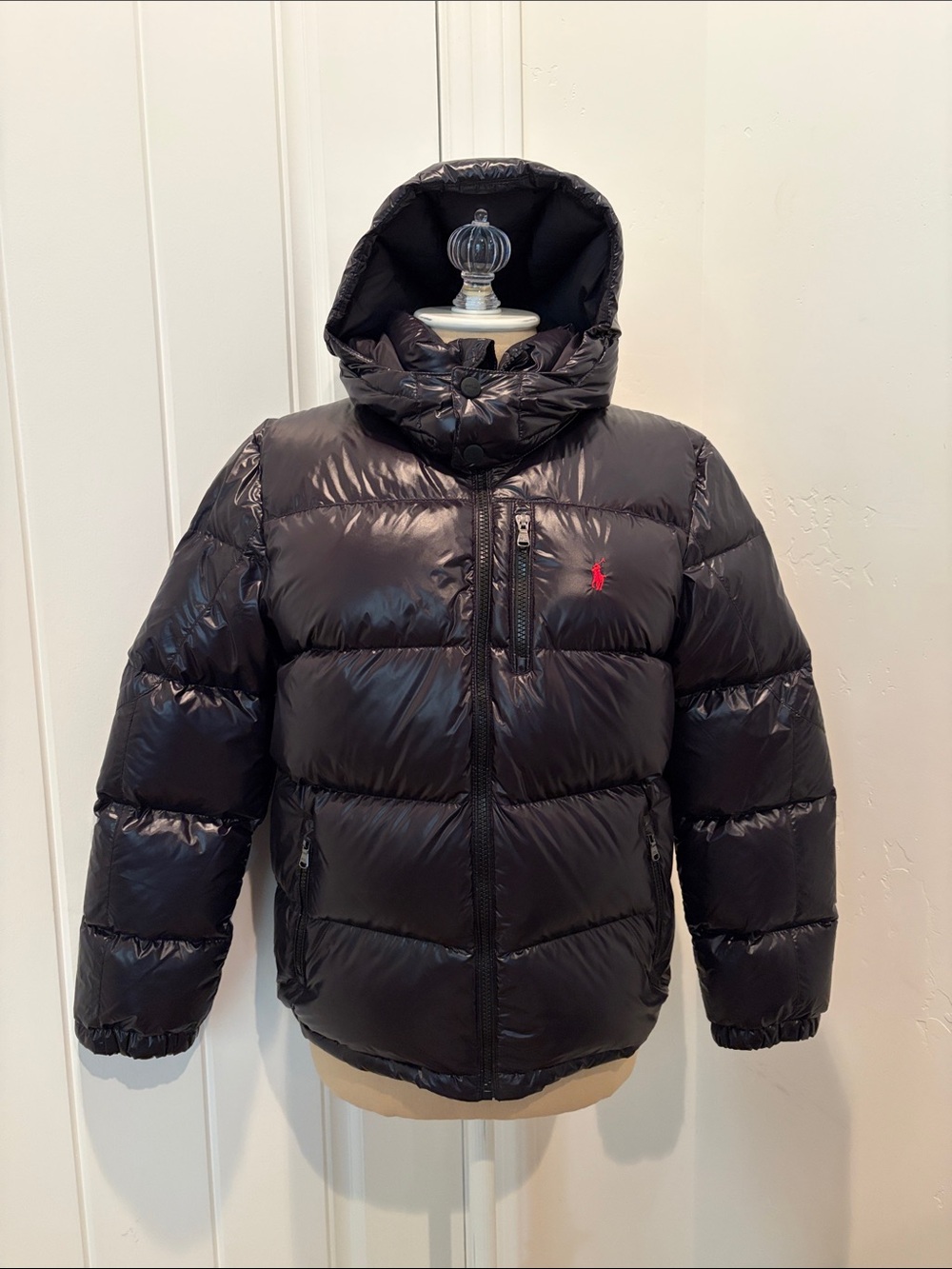 Polo Ralph Lauren Kids Black Hooded Puffer Jacket with Red Polo Logo
